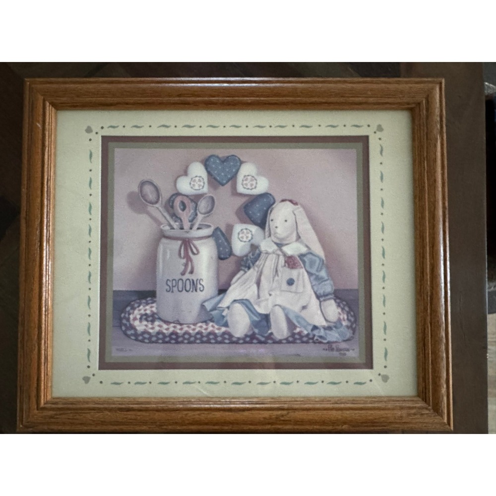 Pat Pearson 1990 Framed Print Country Grannycore Rabbit Spoon Crock Oak Frame